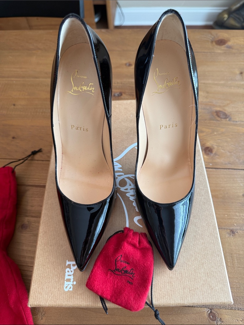 Christian Louboutin Black Patent Leather Pointed Toe Pumps with Red Dust Bag